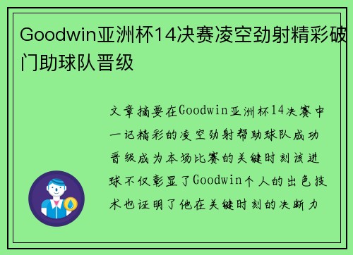 Goodwin亚洲杯14决赛凌空劲射精彩破门助球队晋级