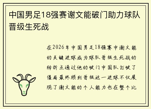 中国男足18强赛谢文能破门助力球队晋级生死战