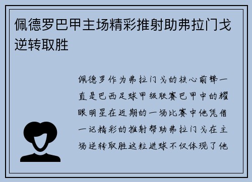 佩德罗巴甲主场精彩推射助弗拉门戈逆转取胜 佩德罗巴甲主场精彩推射助弗拉门戈逆转取胜