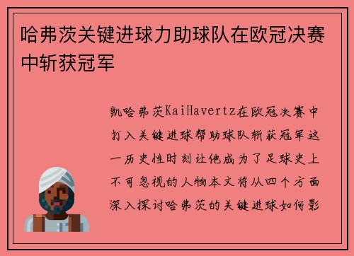 哈弗茨关键进球力助球队在欧冠决赛中斩获冠军
