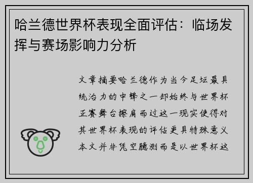 哈兰德世界杯表现全面评估：临场发挥与赛场影响力分析